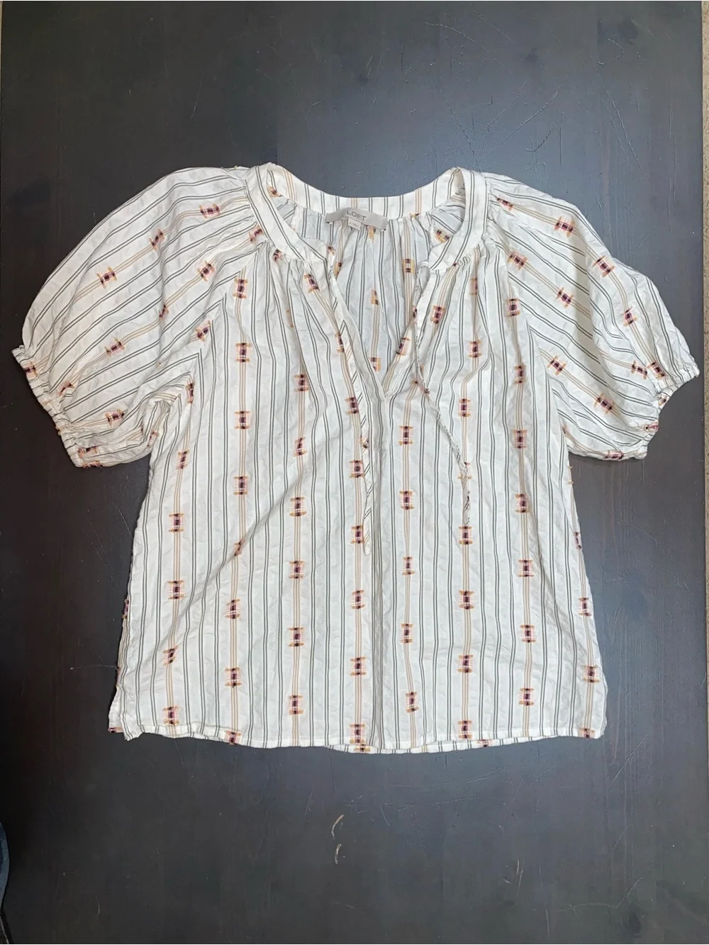 LOFT White Striped Tie-Neck Puff Sleeve Cotton Blouse - S
